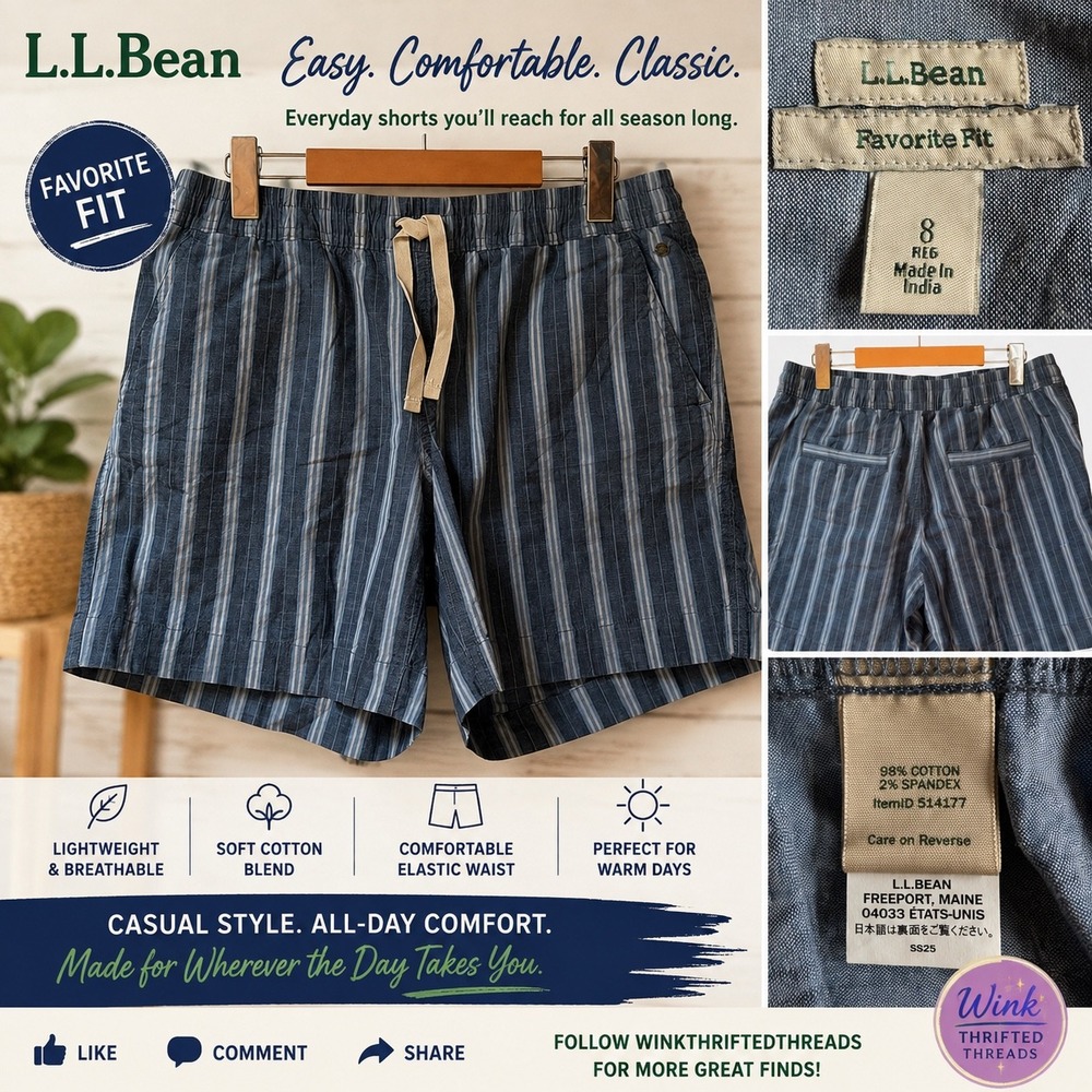 LL Bean Favorite Fit Blue White Striped Cotton Drawstring Shorts 514177 Womens 8